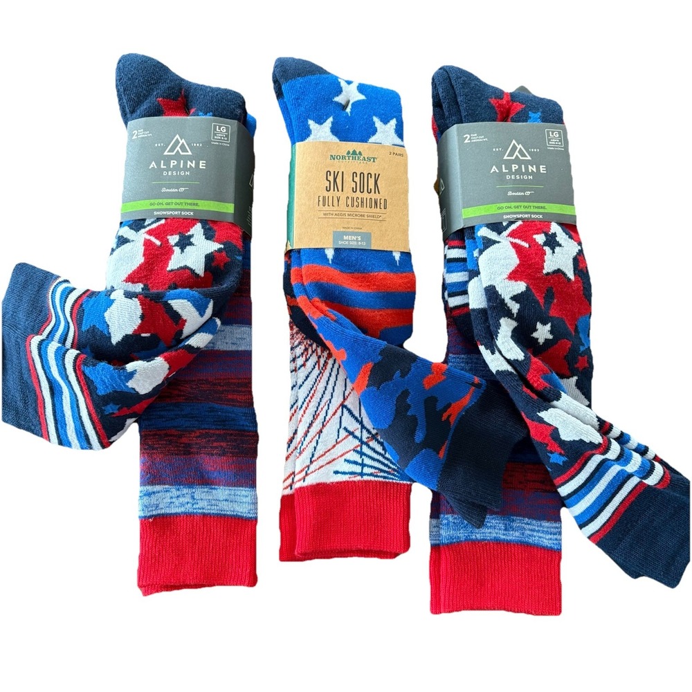 Lot 6 Pair Northeast Outfitters Ski Socks Men L Blue Americana Stars 2 Pairs NEW